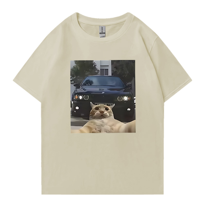 Унисекс памучна тениска с графично изображение на котка selfie – уличен хип-хоп стил, къс ръкав, права кройка, дишаща материя