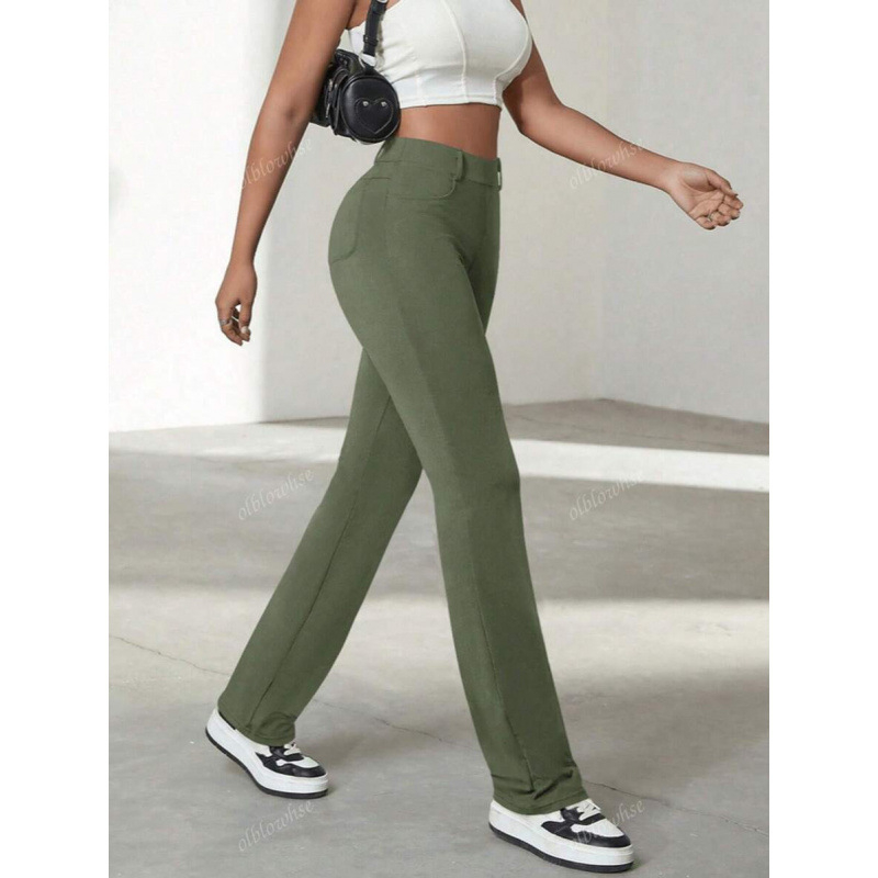 Γυναικείοι παντελόνες γραφείου με τσέπες, χαλαρή γραμμή, ελαφριά ελαστικότητα, μήκος 9/10, ύφασμα CVC βαμβάκι