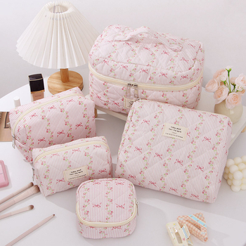 Козметична чанта 5-частен комплект с флорален модел, памучен външен слой, полиестерна подплата (дишаща, ултралека)