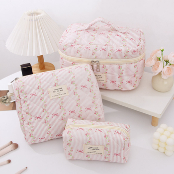 Козметична чанта 5-частен комплект с флорален модел, памучен външен слой, полиестерна подплата (дишаща, ултралека)