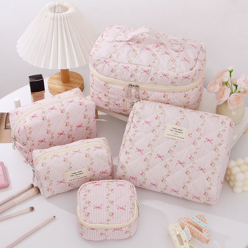 Козметична чанта 5-частен комплект с флорален модел, памучен външен слой, полиестерна подплата (дишаща, ултралека)