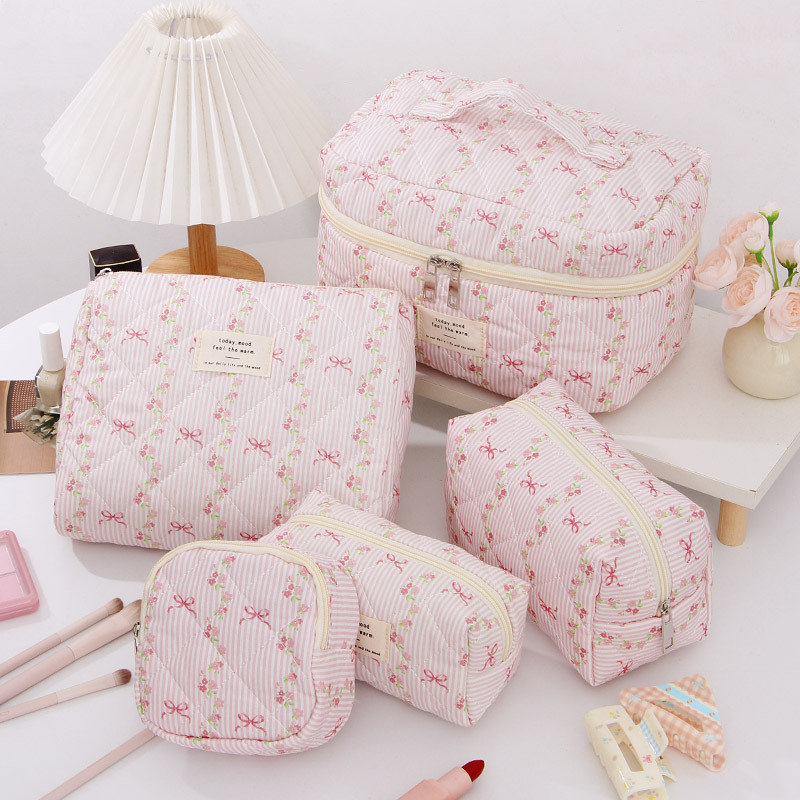 Козметична чанта 5-частен комплект с флорален модел, памучен външен слой, полиестерна подплата (дишаща, ултралека)