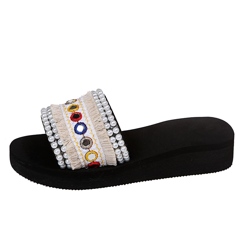 Moterų klininiai sandalai su perlų rhinestones ir spalvų blokų dizainu, viršus iš zomšos, pirštų forma apvali, vidinis audinys, padas iš gumos, vasara 2025