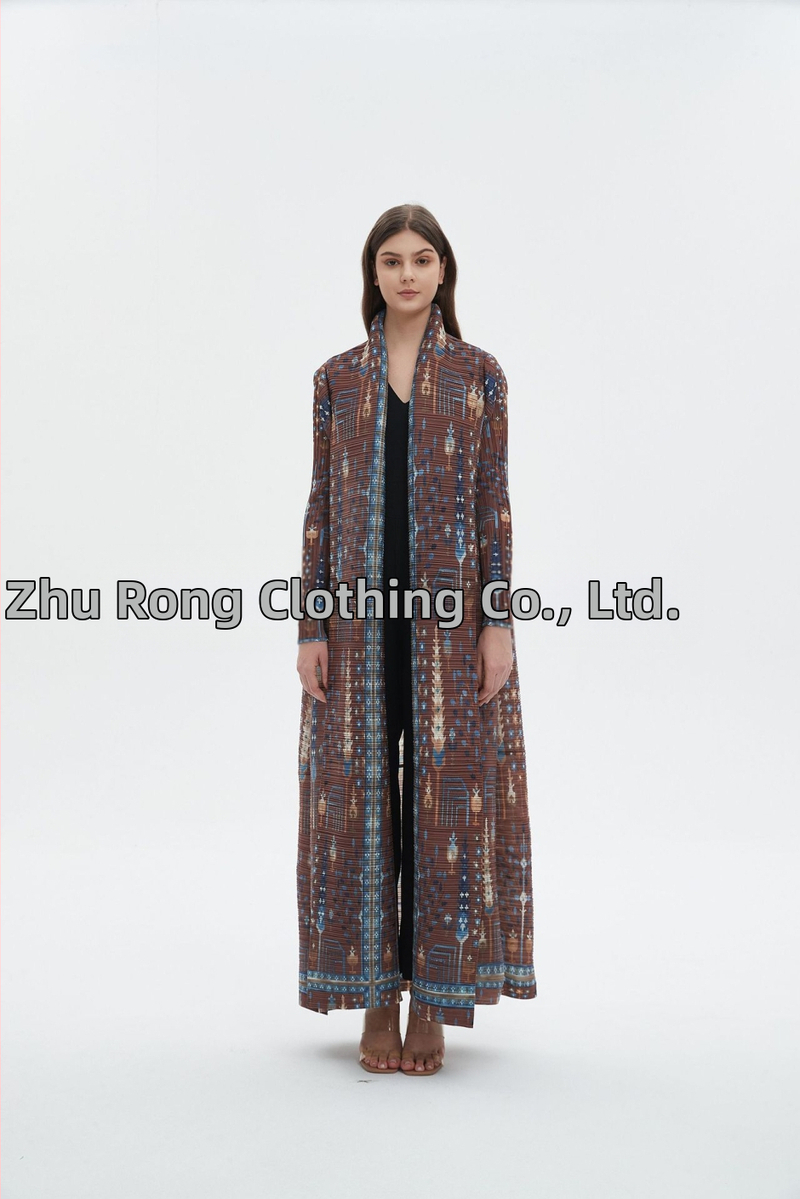 Sievietes garā abaja ar ziedu izšuvumu, crinkle tekstūra, poliesteris, garas piedurknes