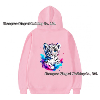 Φούτερ με κουκούλα από πολυεστέρα με επένδυση φλίς, λεοπάρ εκτύπωση, χαλαρή γραμμή, μακριές μανίκια