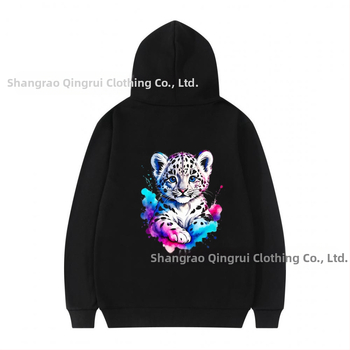 Φούτερ με κουκούλα από πολυεστέρα με επένδυση φλίς, λεοπάρ εκτύπωση, χαλαρή γραμμή, μακριές μανίκια