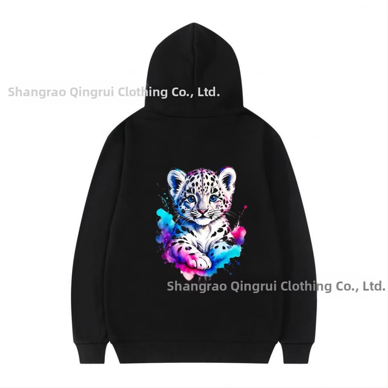 Φούτερ με κουκούλα από πολυεστέρα με επένδυση φλίς, λεοπάρ εκτύπωση, χαλαρή γραμμή, μακριές μανίκια