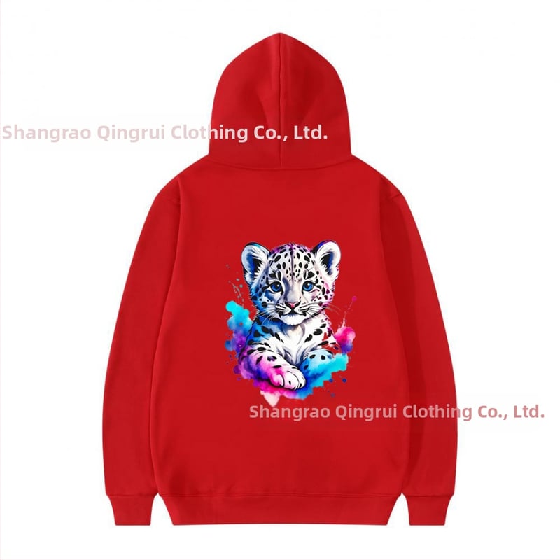 Φούτερ με κουκούλα από πολυεστέρα με επένδυση φλίς, λεοπάρ εκτύπωση, χαλαρή γραμμή, μακριές μανίκια