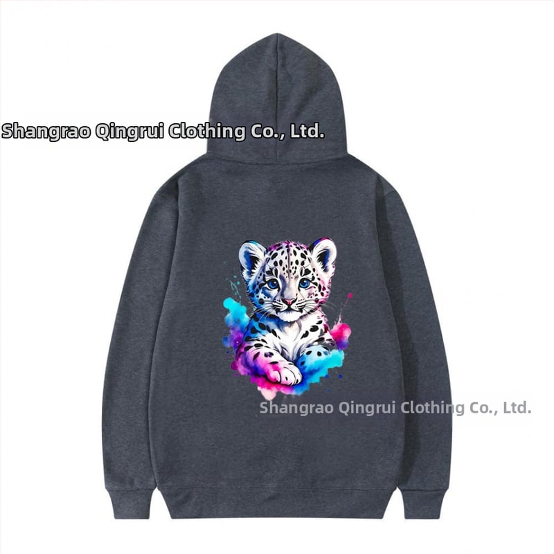 Φούτερ με κουκούλα από πολυεστέρα με επένδυση φλίς, λεοπάρ εκτύπωση, χαλαρή γραμμή, μακριές μανίκια