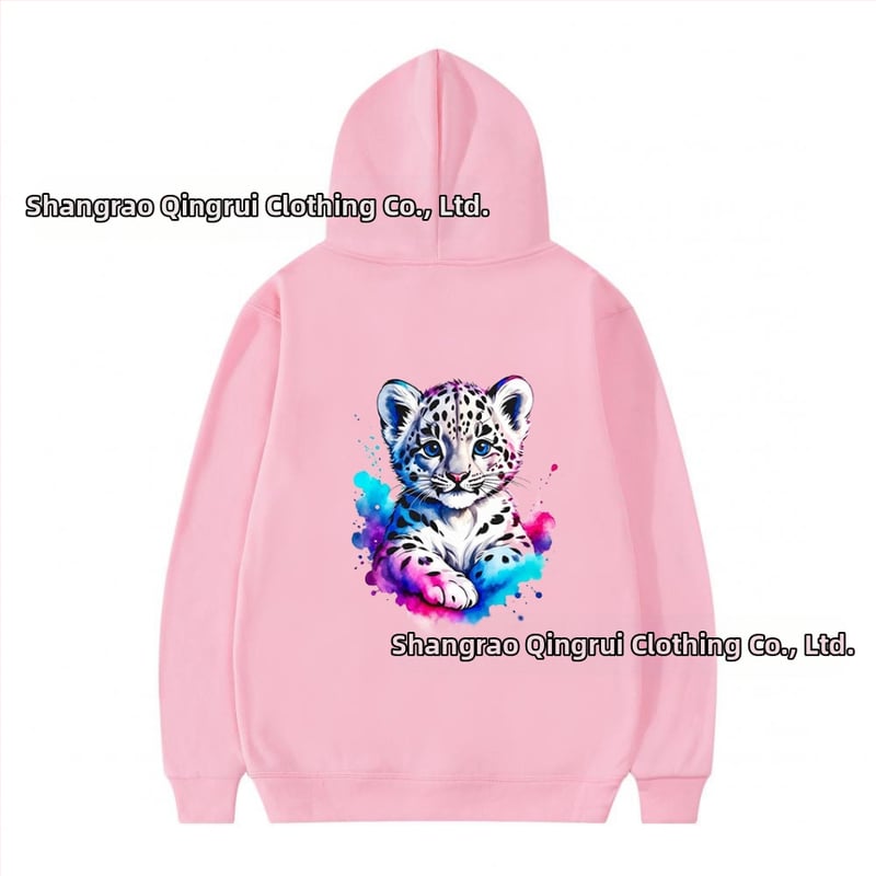 Φούτερ με κουκούλα από πολυεστέρα με επένδυση φλίς, λεοπάρ εκτύπωση, χαλαρή γραμμή, μακριές μανίκια