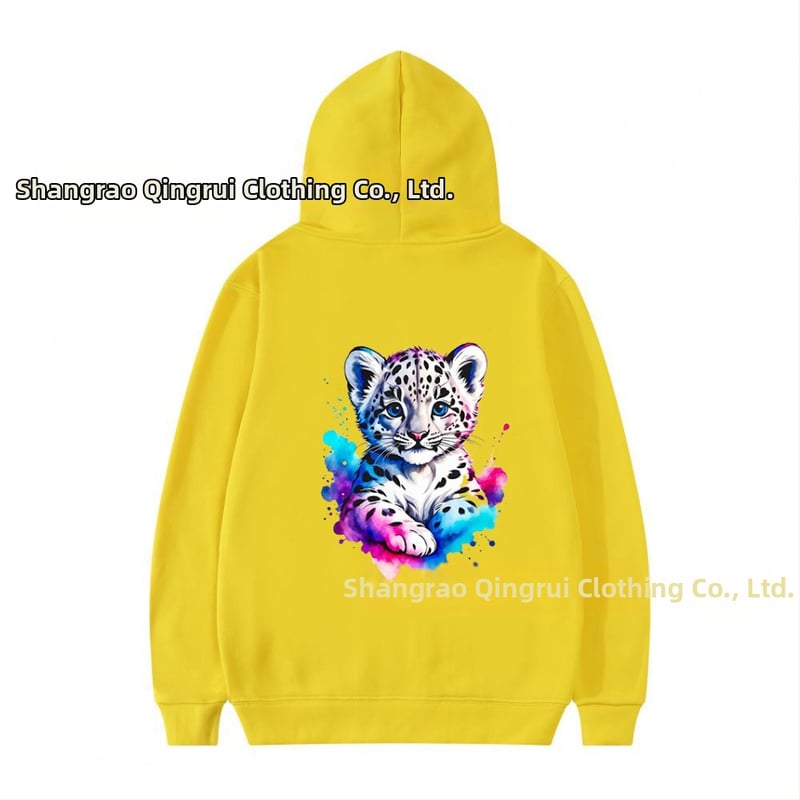 Φούτερ με κουκούλα από πολυεστέρα με επένδυση φλίς, λεοπάρ εκτύπωση, χαλαρή γραμμή, μακριές μανίκια