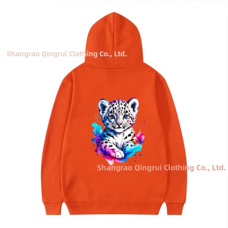 Φούτερ με κουκούλα από πολυεστέρα με επένδυση φλίς, λεοπάρ εκτύπωση, χαλαρή γραμμή, μακριές μανίκια