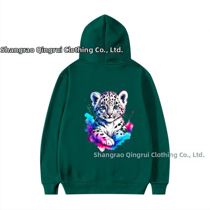 Φούτερ με κουκούλα από πολυεστέρα με επένδυση φλίς, λεοπάρ εκτύπωση, χαλαρή γραμμή, μακριές μανίκια