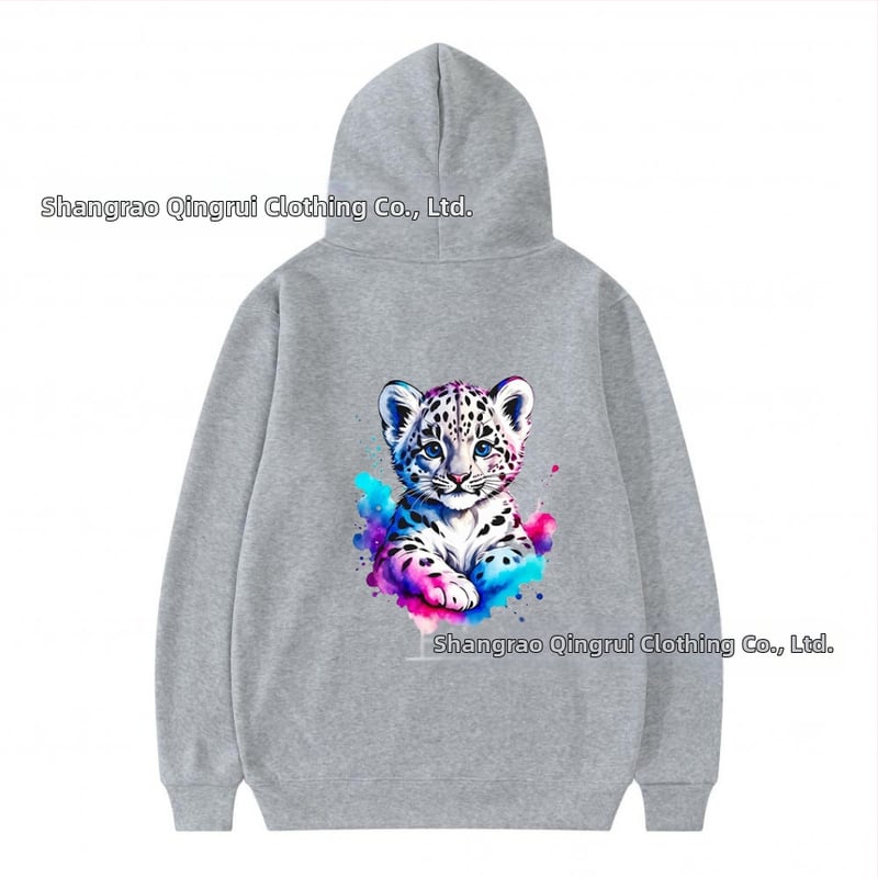 Φούτερ με κουκούλα από πολυεστέρα με επένδυση φλίς, λεοπάρ εκτύπωση, χαλαρή γραμμή, μακριές μανίκια