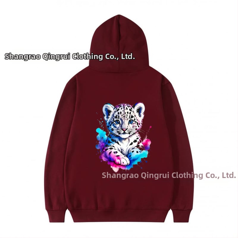 Φούτερ με κουκούλα από πολυεστέρα με επένδυση φλίς, λεοπάρ εκτύπωση, χαλαρή γραμμή, μακριές μανίκια