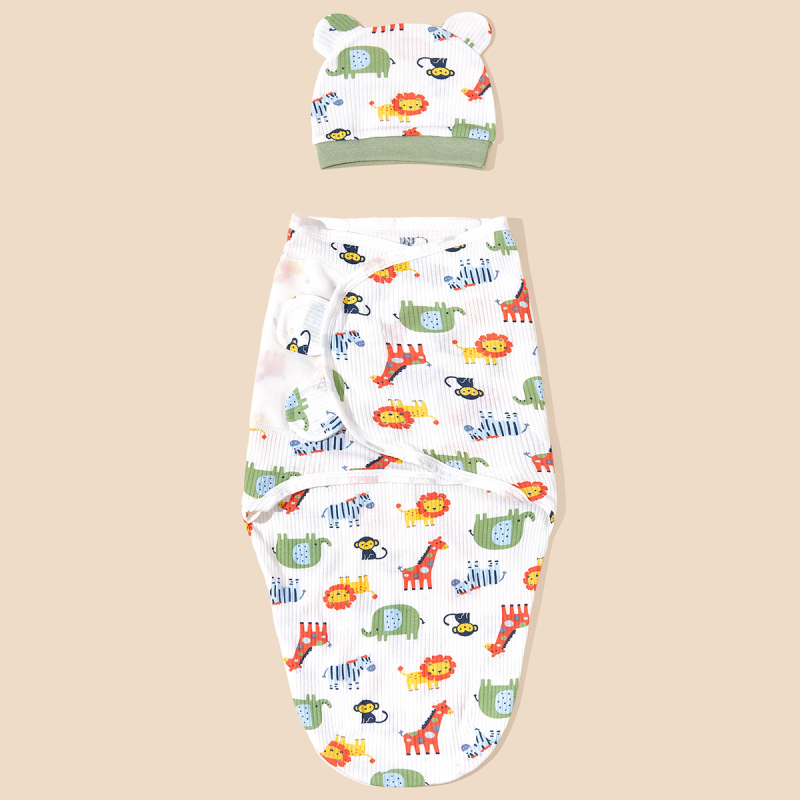 Kokvilnas zīdaiņu 2-dali komplekts — aizvērējs lakatiņš un miega soma, Cartoon raksts, vasara, drošības klase A