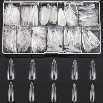 Διάφανα τεχνητά νύχια για κόλλημα, χωρίς λιμάρισμα και ίχνη, κουτί 500 τεμάχια; Σχήματα: τραπεζοειδή, σταγόna νερού και τετράγωνα; περιλαμβάνονται αυτοκόλλητα νυχιών.