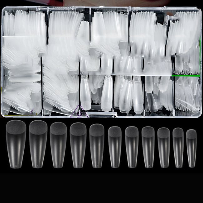 Διάφανα τεχνητά νύχια για κόλλημα, χωρίς λιμάρισμα και ίχνη, κουτί 500 τεμάχια; Σχήματα: τραπεζοειδή, σταγόna νερού και τετράγωνα; περιλαμβάνονται αυτοκόλλητα νυχιών.