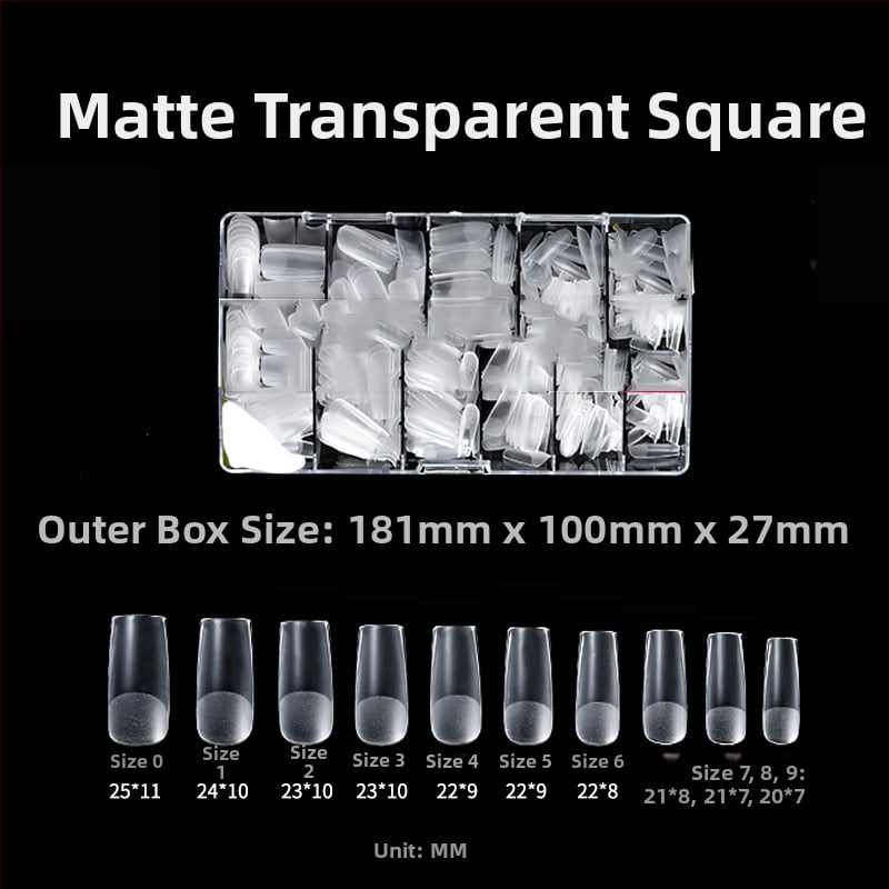 Διάφανα τεχνητά νύχια για κόλλημα, χωρίς λιμάρισμα και ίχνη, κουτί 500 τεμάχια; Σχήματα: τραπεζοειδή, σταγόna νερού και τετράγωνα; περιλαμβάνονται αυτοκόλλητα νυχιών.