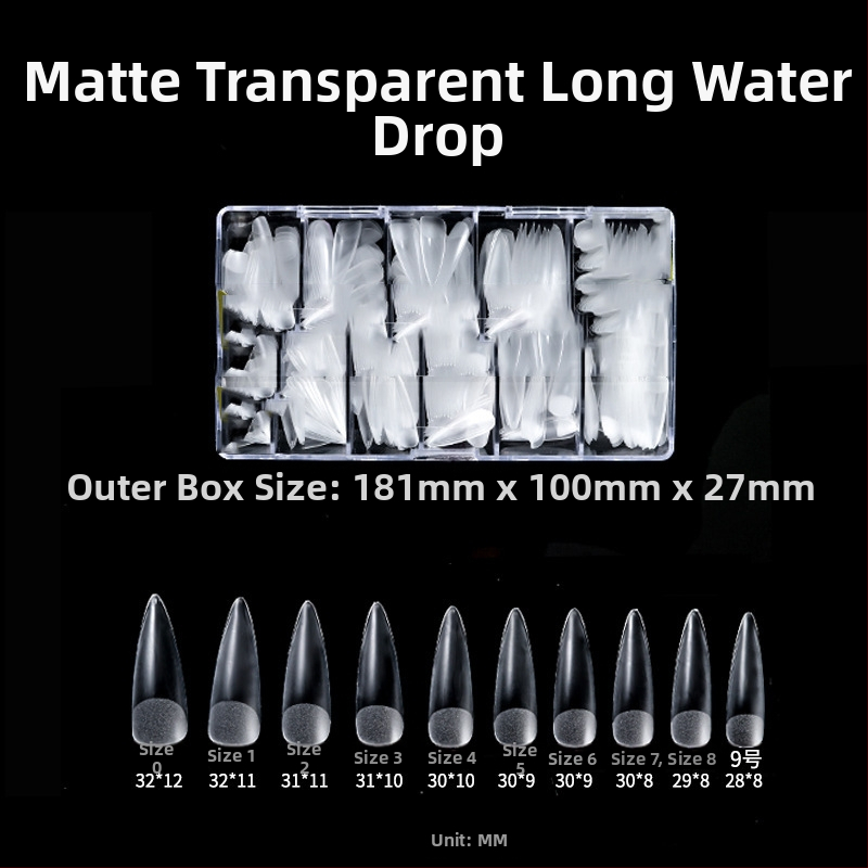 Διάφανα τεχνητά νύχια για κόλλημα, χωρίς λιμάρισμα και ίχνη, κουτί 500 τεμάχια; Σχήματα: τραπεζοειδή, σταγόna νερού και τετράγωνα; περιλαμβάνονται αυτοκόλλητα νυχιών.