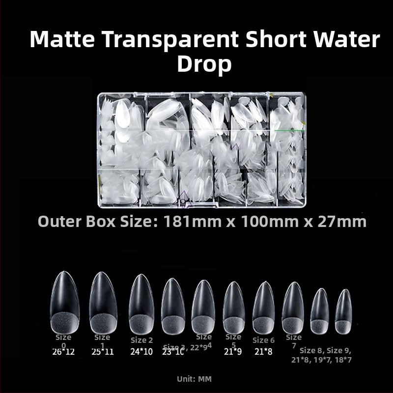 Διάφανα τεχνητά νύχια για κόλλημα, χωρίς λιμάρισμα και ίχνη, κουτί 500 τεμάχια; Σχήματα: τραπεζοειδή, σταγόna νερού και τετράγωνα; περιλαμβάνονται αυτοκόλλητα νυχιών.