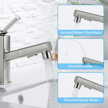 Ištraukiamas praustuvo čiaupas, cinko lydinio korpusas, keramikinis disko vožtuvas, šiuolaikinis minimalistinis stilus