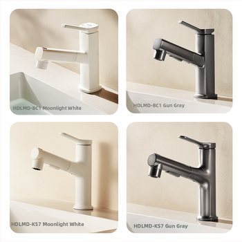 Ištraukiamas praustuvo čiaupas, cinko lydinio korpusas, keramikinis disko vožtuvas, šiuolaikinis minimalistinis stilus