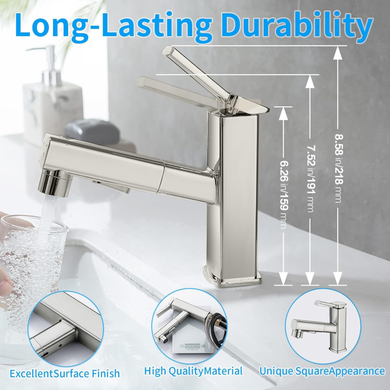 Ištraukiamas praustuvo čiaupas, cinko lydinio korpusas, keramikinis disko vožtuvas, šiuolaikinis minimalistinis stilus