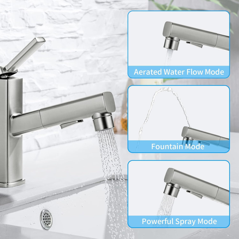 Ištraukiamas praustuvo čiaupas, cinko lydinio korpusas, keramikinis disko vožtuvas, šiuolaikinis minimalistinis stilus