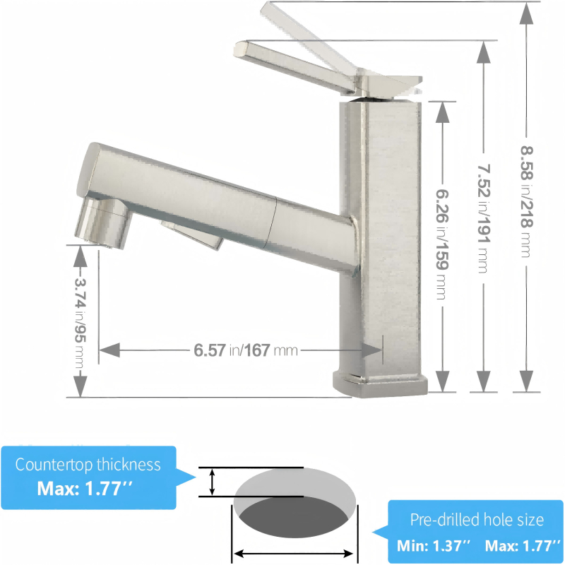 Ištraukiamas praustuvo čiaupas, cinko lydinio korpusas, keramikinis disko vožtuvas, šiuolaikinis minimalistinis stilus