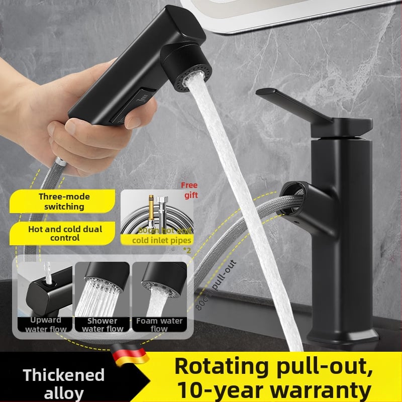 Ištraukiamas praustuvo čiaupas, cinko lydinio korpusas, keramikinis disko vožtuvas, šiuolaikinis minimalistinis stilus