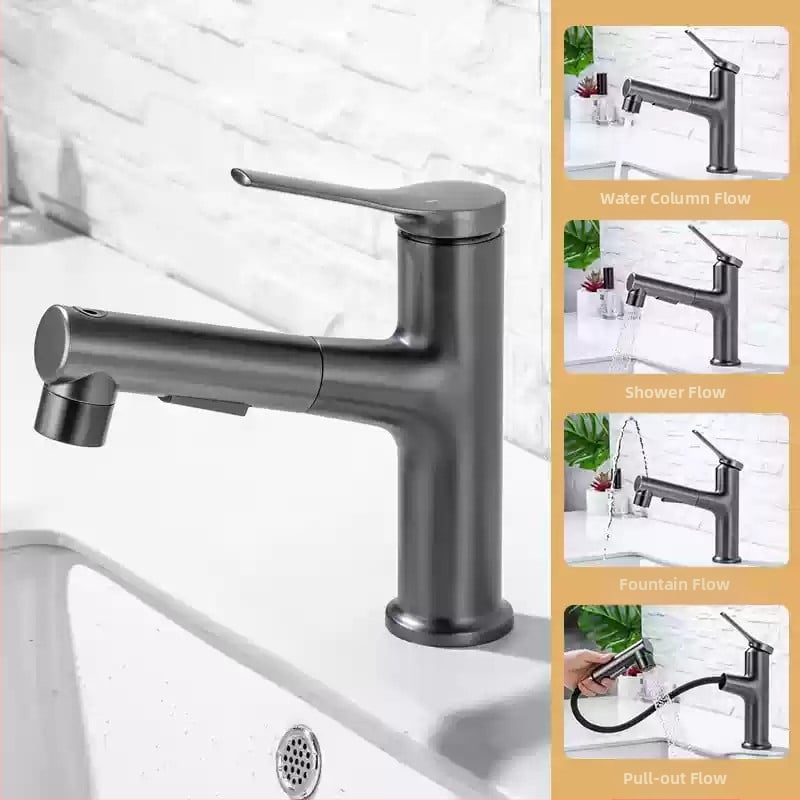 Ištraukiamas praustuvo čiaupas, cinko lydinio korpusas, keramikinis disko vožtuvas, šiuolaikinis minimalistinis stilus