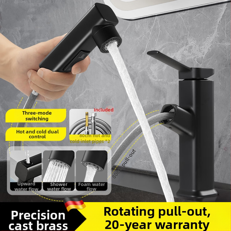 Ištraukiamas praustuvo čiaupas, cinko lydinio korpusas, keramikinis disko vožtuvas, šiuolaikinis minimalistinis stilus