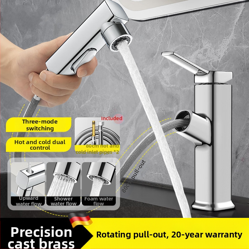 Ištraukiamas praustuvo čiaupas, cinko lydinio korpusas, keramikinis disko vožtuvas, šiuolaikinis minimalistinis stilus