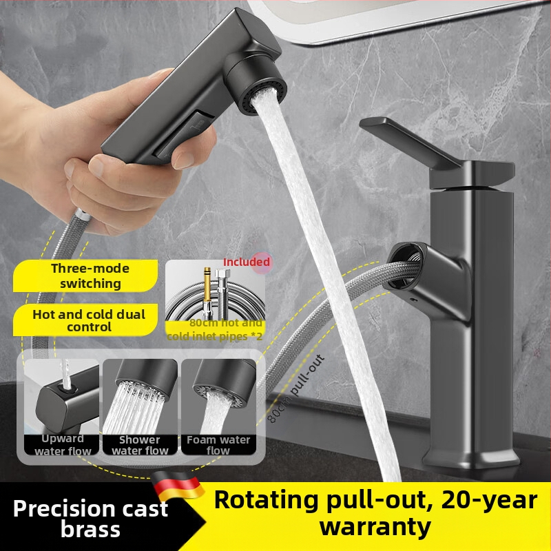 Ištraukiamas praustuvo čiaupas, cinko lydinio korpusas, keramikinis disko vožtuvas, šiuolaikinis minimalistinis stilus