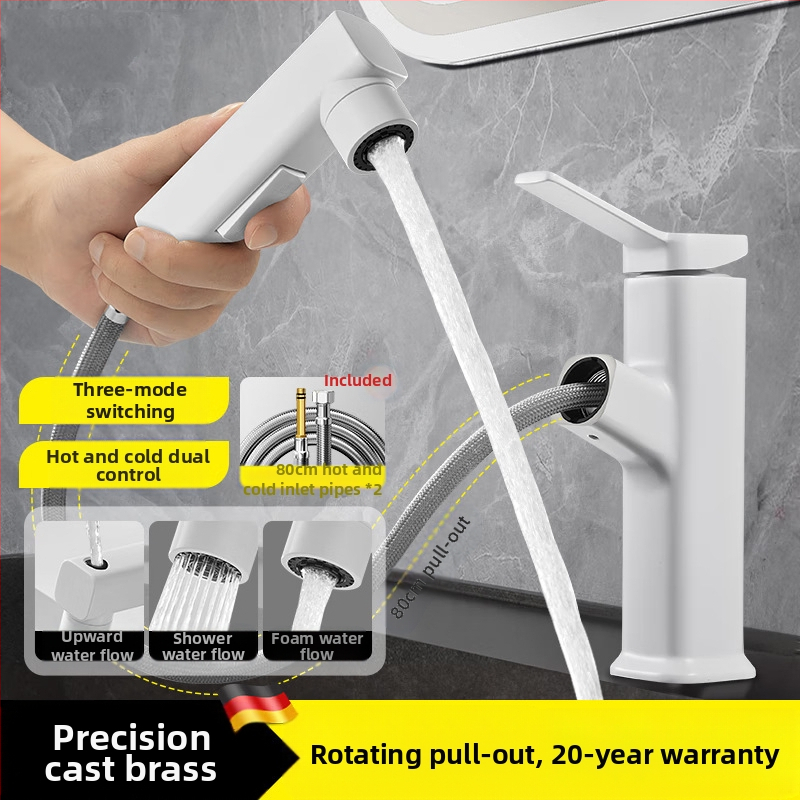 Ištraukiamas praustuvo čiaupas, cinko lydinio korpusas, keramikinis disko vožtuvas, šiuolaikinis minimalistinis stilus