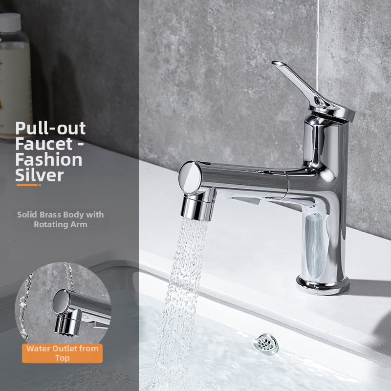 Ištraukiamas praustuvo čiaupas, cinko lydinio korpusas, keramikinis disko vožtuvas, šiuolaikinis minimalistinis stilus