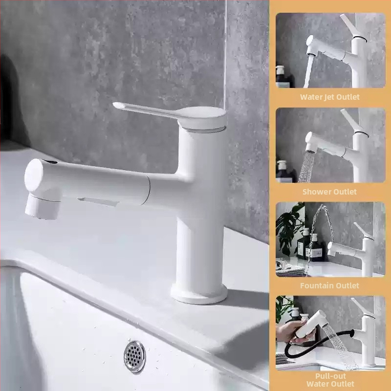 Ištraukiamas praustuvo čiaupas, cinko lydinio korpusas, keramikinis disko vožtuvas, šiuolaikinis minimalistinis stilus