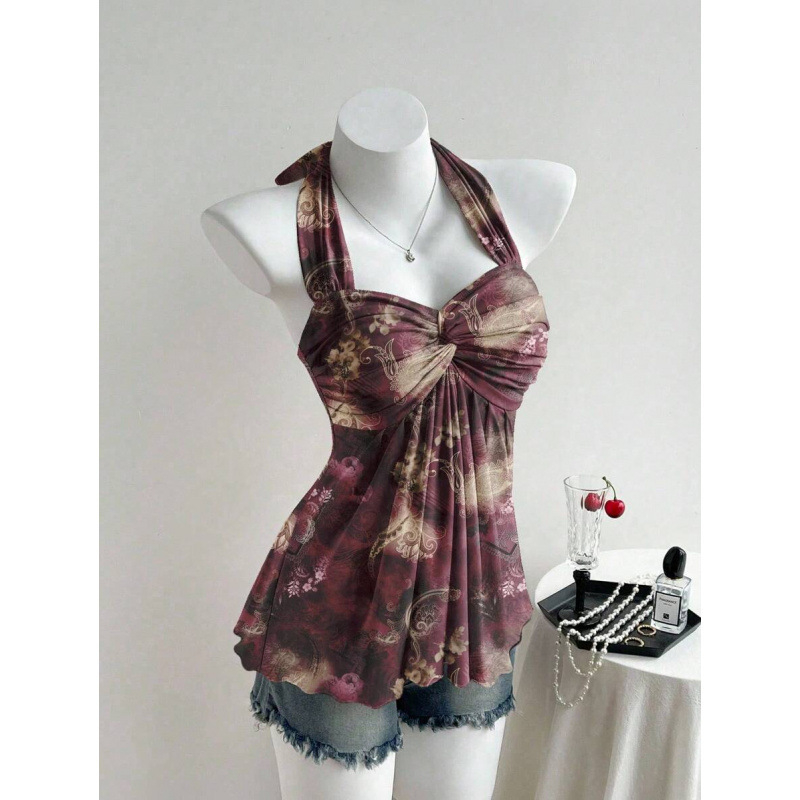 Bezplecu top ar vērpšanas mezglu dizainu, Slim Fit; Audums: kokvilnas linums; Galvenā šķiedra: vinilons; Sezona: 2023 vasara; Stils: Viegls bizness