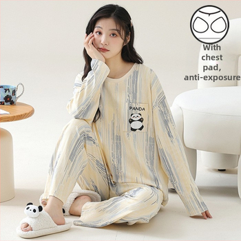 Σετ πιτζάμες για νέες γυναίκες – πολυεστερικό ύφασμα με όψη βαμβακιού, στρογγυλή λαιμόκοψη, μακριά μανίκια, μακριές παντελόνες, άνετο οικιακό ένδυμα, στυλ κινουμένων σχεδίων