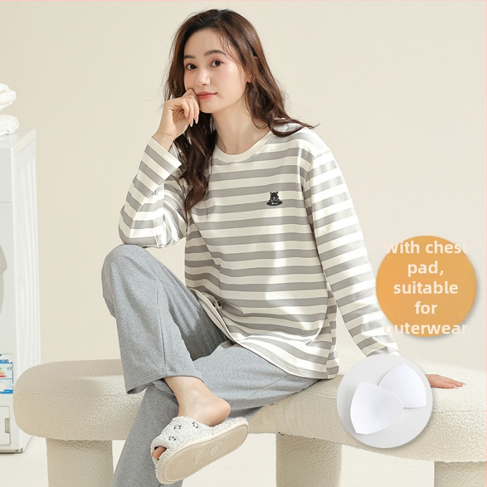 Σετ πιτζάμες για νέες γυναίκες – πολυεστερικό ύφασμα με όψη βαμβακιού, στρογγυλή λαιμόκοψη, μακριά μανίκια, μακριές παντελόνες, άνετο οικιακό ένδυμα, στυλ κινουμένων σχεδίων