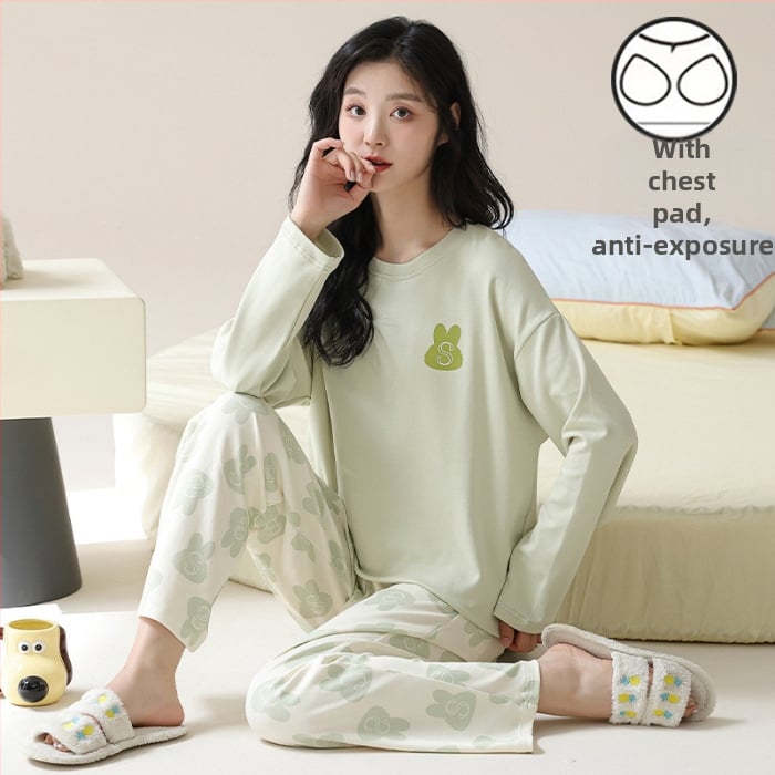 Σετ πιτζάμες για νέες γυναίκες – πολυεστερικό ύφασμα με όψη βαμβακιού, στρογγυλή λαιμόκοψη, μακριά μανίκια, μακριές παντελόνες, άνετο οικιακό ένδυμα, στυλ κινουμένων σχεδίων