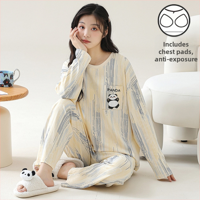 Σετ πιτζάμες για νέες γυναίκες – πολυεστερικό ύφασμα με όψη βαμβακιού, στρογγυλή λαιμόκοψη, μακριά μανίκια, μακριές παντελόνες, άνετο οικιακό ένδυμα, στυλ κινουμένων σχεδίων