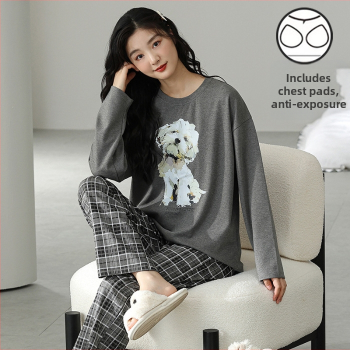 Σετ πιτζάμες για νέες γυναίκες – πολυεστερικό ύφασμα με όψη βαμβακιού, στρογγυλή λαιμόκοψη, μακριά μανίκια, μακριές παντελόνες, άνετο οικιακό ένδυμα, στυλ κινουμένων σχεδίων