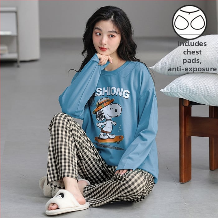 Σετ πιτζάμες για νέες γυναίκες – πολυεστερικό ύφασμα με όψη βαμβακιού, στρογγυλή λαιμόκοψη, μακριά μανίκια, μακριές παντελόνες, άνετο οικιακό ένδυμα, στυλ κινουμένων σχεδίων