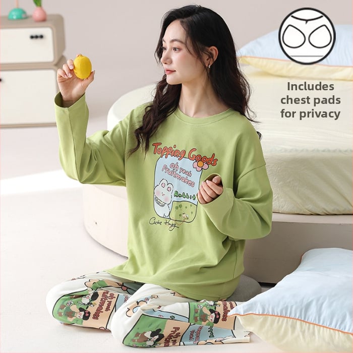 Σετ πιτζάμες για νέες γυναίκες – πολυεστερικό ύφασμα με όψη βαμβακιού, στρογγυλή λαιμόκοψη, μακριά μανίκια, μακριές παντελόνες, άνετο οικιακό ένδυμα, στυλ κινουμένων σχεδίων