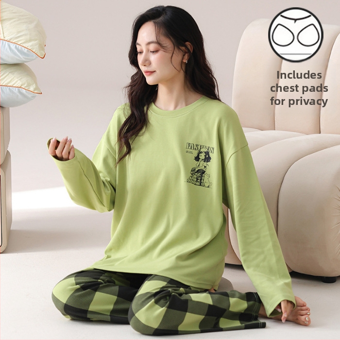 Σετ πιτζάμες για νέες γυναίκες – πολυεστερικό ύφασμα με όψη βαμβακιού, στρογγυλή λαιμόκοψη, μακριά μανίκια, μακριές παντελόνες, άνετο οικιακό ένδυμα, στυλ κινουμένων σχεδίων