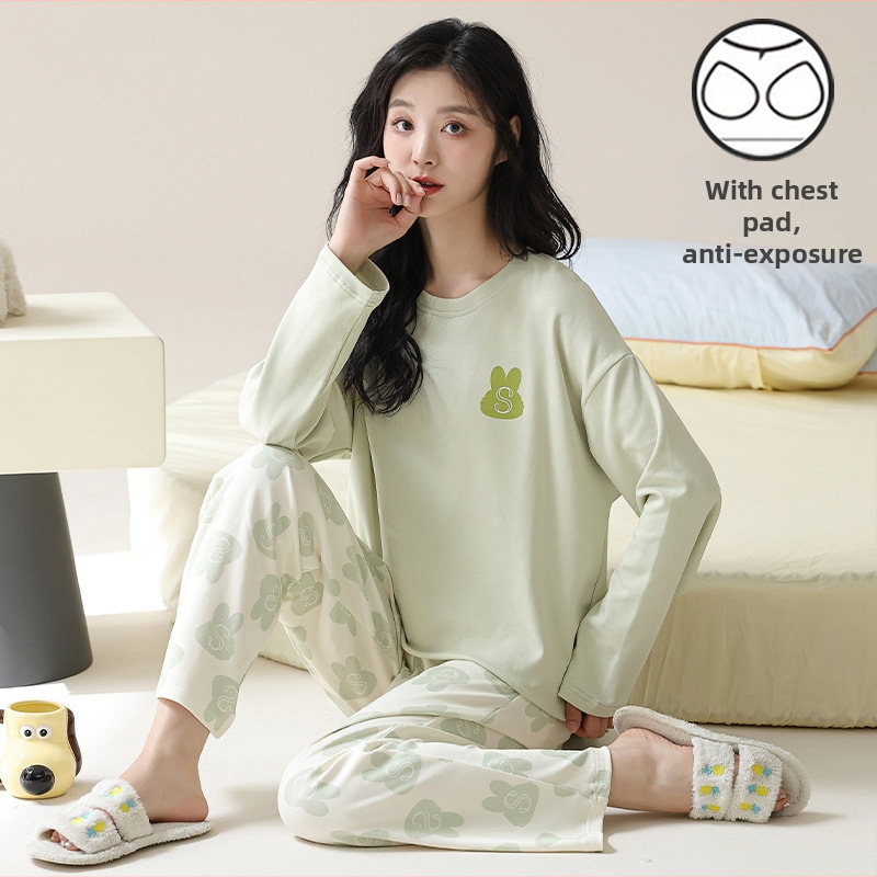 Súprava nočného oblečenia pre mladé ženy - polyesterová tkanina s vzhľadom bavlny, okrúhly výstrih, dlhé rukávy, dlhé nohavice, pohodlné domáce oblečenie, kreslený štýl