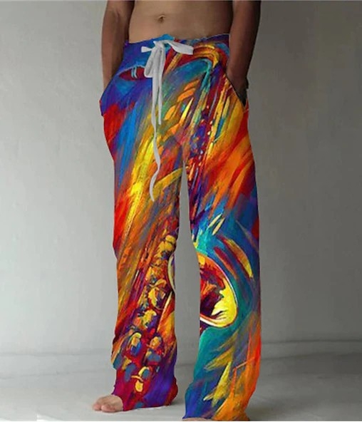 Ērtas sporta ikdienas bikses ar brīvu piegriezumu, viduklis vidējā augstumā, šņorēšana, ģeometrisks raksts