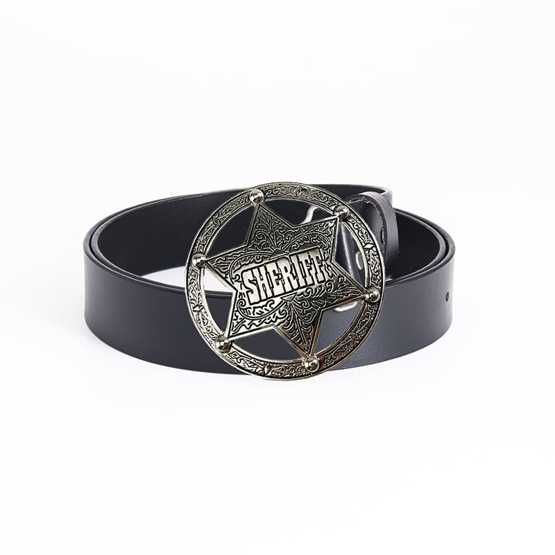 Ανδρική ζώνη από γνήσιο δέρμα, διπλό στρώμα μοσχαρίσιου δέρματος, αγκράφα σε στυλ σερίφη από χυτό μέταλλο, πλάτος 2–4 εκ.